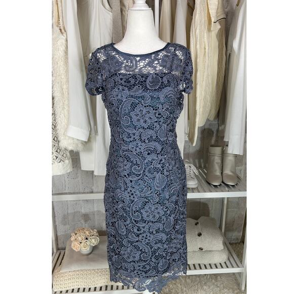 J S Collections Womens Size 8 Periwinkle Blue Lace Overlay Sheath Dress #0381 - Picture 1 of 15
